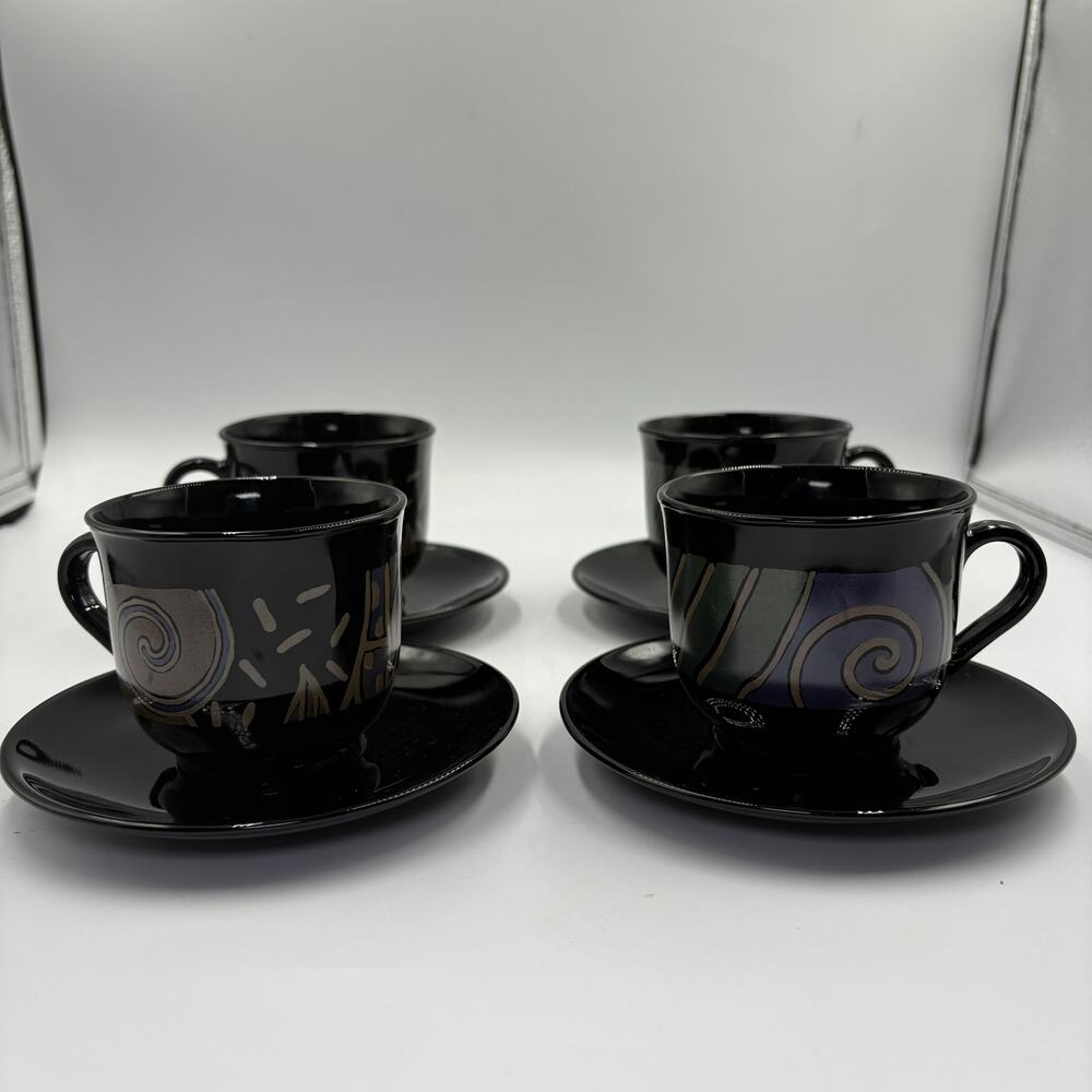 Vintage 1990s Arcoroc France Tampico Black Glass Set 4 Cups & Saucers Teacups